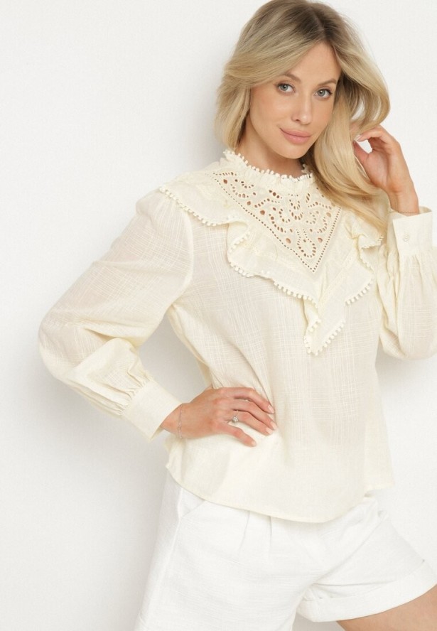 Żółta Bawełniana Bluzka z Ażurowym Haftem i Falbaną Przy Dekolcie Neveine