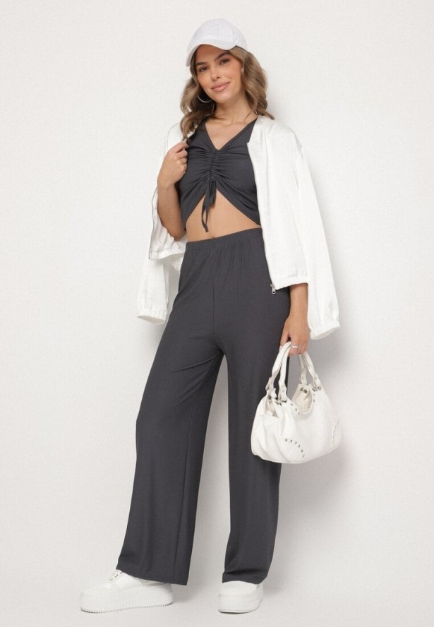 Ciemnoszary Komplet Top ze Ściągaczem Spodnie z Szerokimi Nogawkami i Gumką w Pasie Rolana