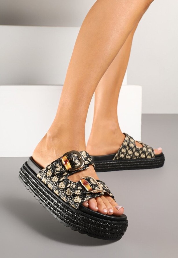 Czarne Klapki na Platformie z Plecionki z Paskami z Klamrami Sonadwen