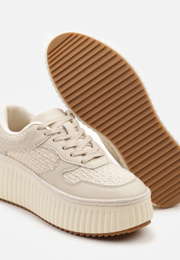 Beżowe Skórzane Sneakersy na Grubej Podeszwie z Tłoczeniami Foiriva