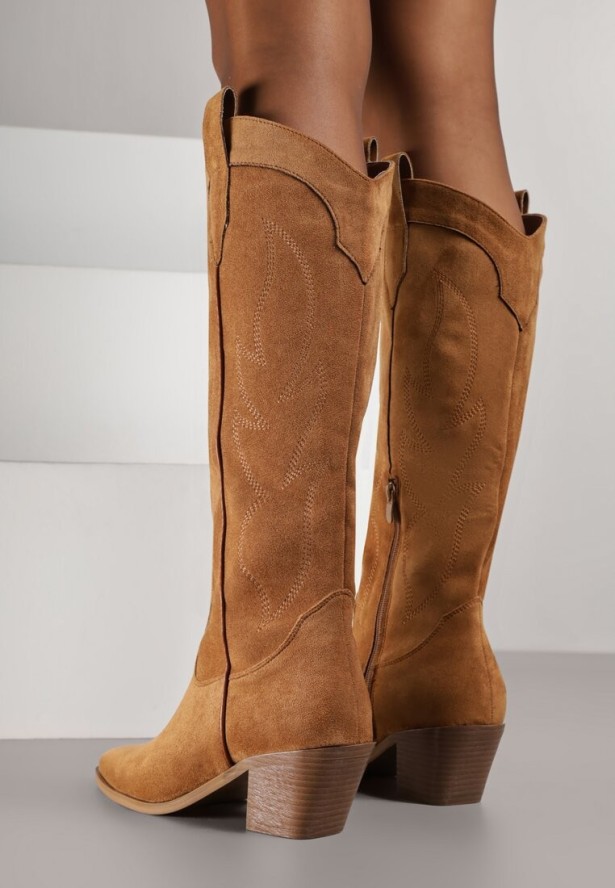 Jasnobrązowe Kozaki Kowbojki na Stożku z Haftem na Cholewce Gallessa