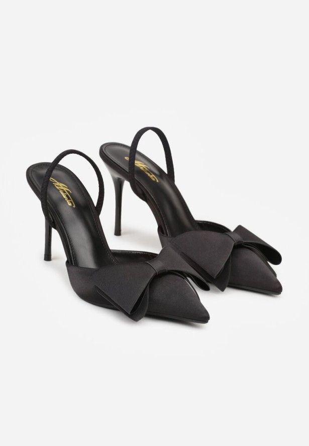 Czarne Sandały Satynowe na Szpilce Slingback Ozdobione Kokardą Daemoris
