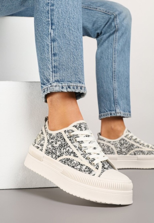 Beżowo-Czarne Trampki na Platformie z Abstrakcyjnym Wzorem Wulinea