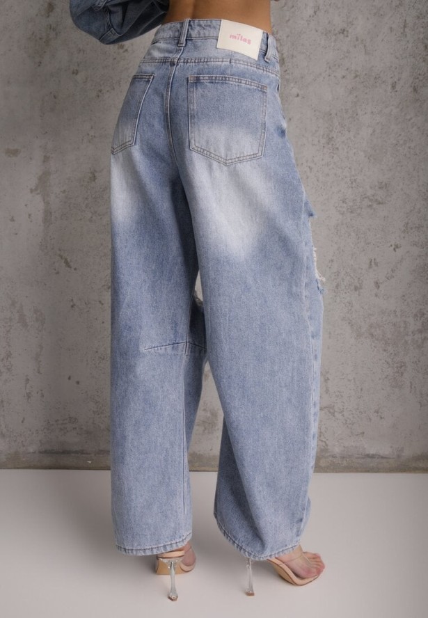 Niebieskie Bawełniane Jeansy Ballloon z Wiskozą High Waist Ozdobione Dziurami Lamma