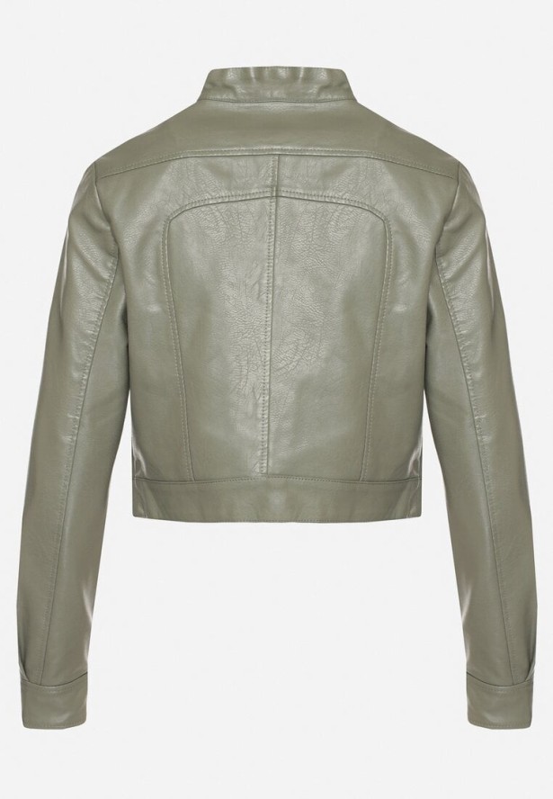 Jasnozielona Kurtka Ramoneska w Motocyklowym Stylu z Klamerką Terlia