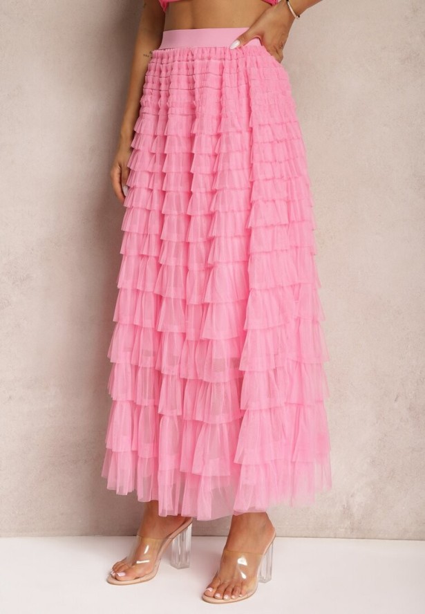 Różowa Spódnica Tiulowa z Gumką w Talii Ozdobiona Falbanami Missalisha
