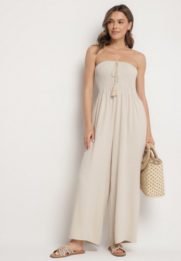 Beżowy Kombinezon Bez Rękawów z Szerokimi Nogawkami i Frędzlami Dovilla