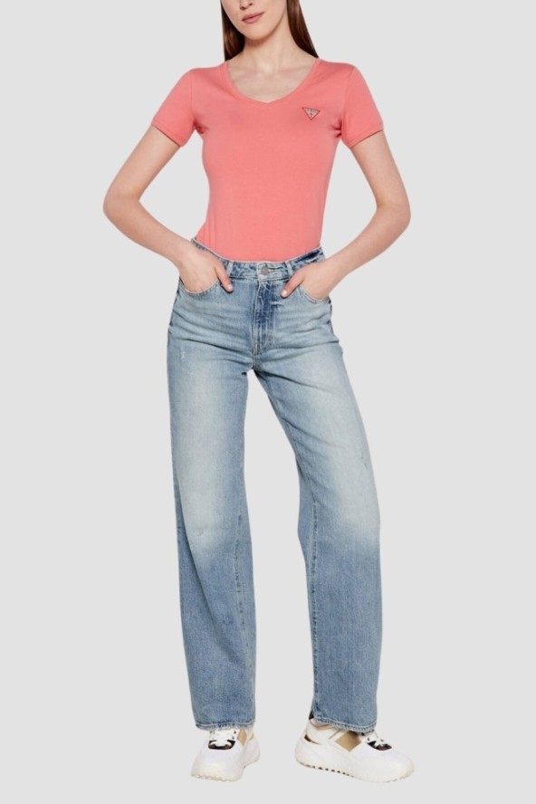 GUESS Różowy damski t-shirt Mini Triangle, Rozmiar M