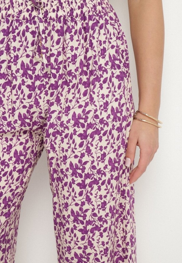 Fioletowe Bawełniane Spodnie z Wysokim Stanem o Długości 7/8 ze Wzorem Boho Lisavinea
