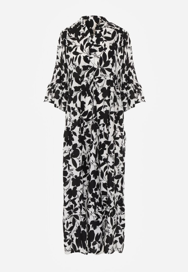 Czarno-Biała Rozkloszowana Sukienka Maxi na Guziki z Abstrakcyjnym Wzorem Uvellia