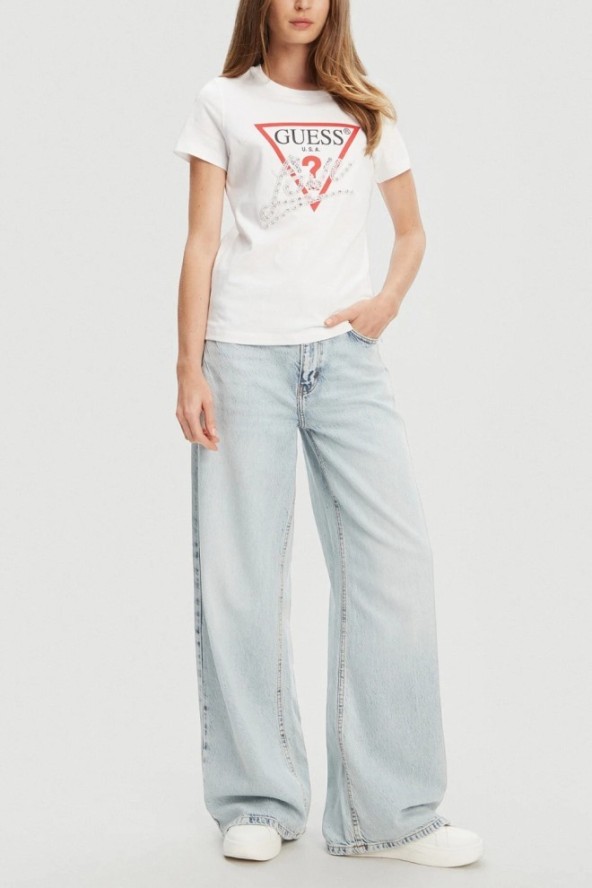 GUESS Biały damski t-shirt Pearls Love, Rozmiar M