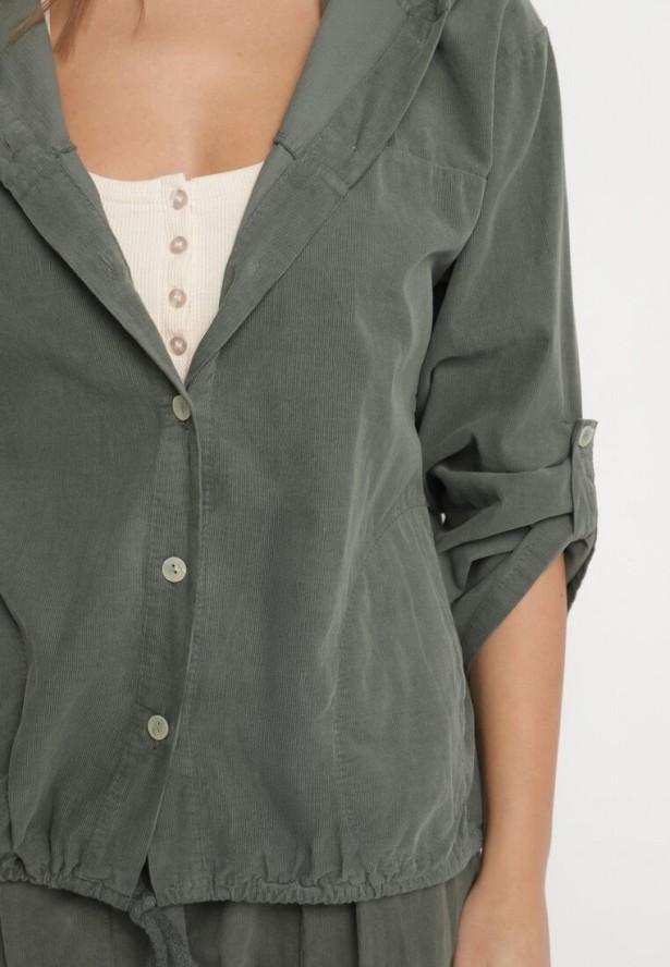 Ciemnozielona Bawełniana Koszula z Kapturem Ściągana w Pasie Felewen