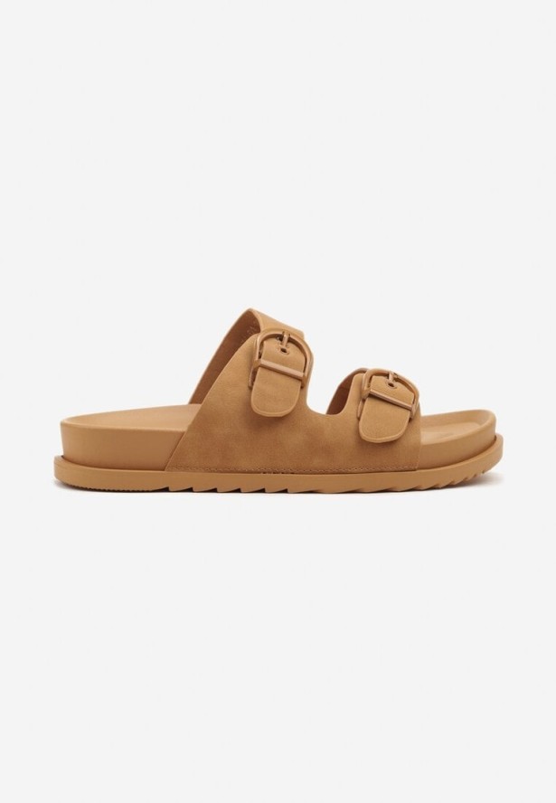 Jasnobrązowe Klapki Ozdobione Klamrami i Dwoma Paskami Galzeri