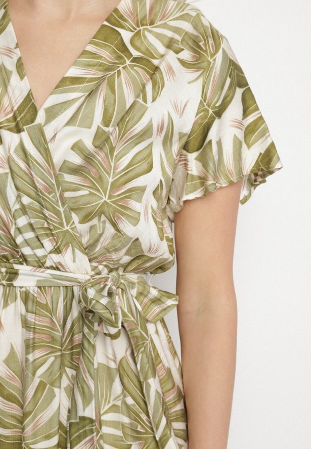 Zielona Sukienka Ozdobiona Wzorem w Liście z Gumką i Paskiem w Talii Iselona
