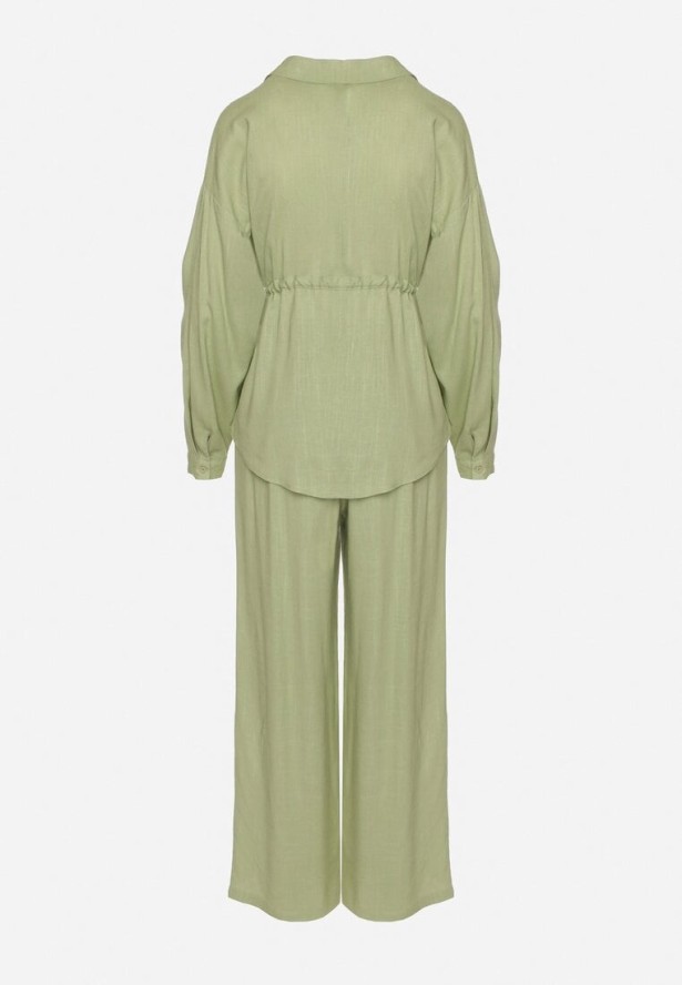 Zielony Komplet z Wiskozą Koszula Ściągana w Talii i Szerokie Spodnie Divellara