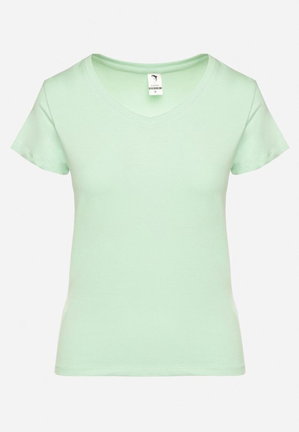 Zielony Bawełniany T-shirt z Dekoltem w Serek Nusarisa