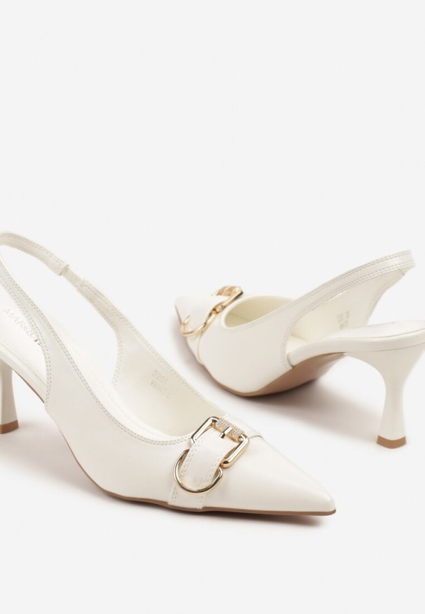 Białe Sandały na Szpilce Slingback Ozdobione Metaliczną Klamrą Zeornna