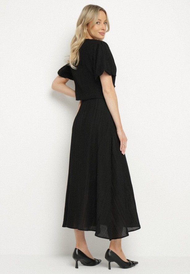 Czarny Wiskozowy Komplet z Rozkloszowaną Spódnicą i Koszulą Naniera