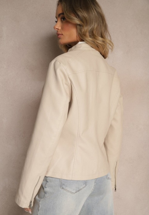 Beżowa Kurtka w Stylu Ramoneski z Ozdobnym Paskiem Sovvezia