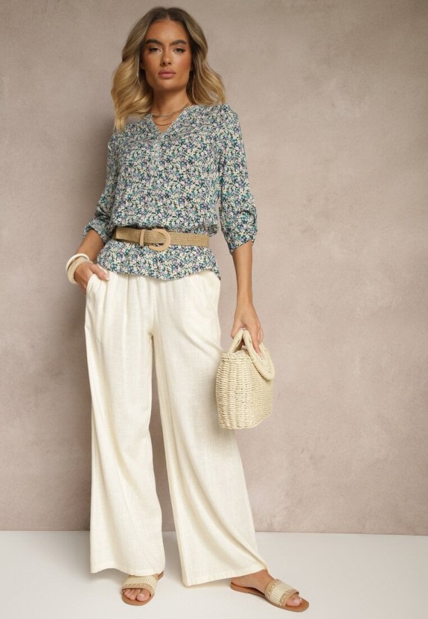 Niebieska Wiskozowa Bluzka w Kwiaty o Koszulowym Kroju z Podpinanymi Rękawami Edinoriela