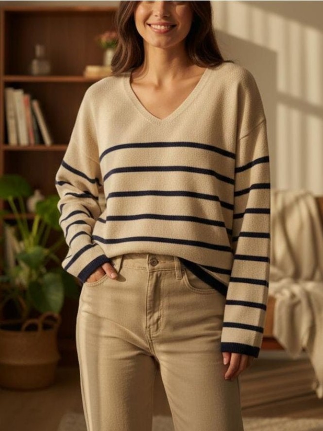 Sweter w paski z dekoltem V - beżowy