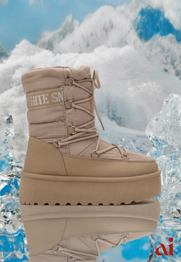 Ciemnobeżowe Śniegowce na Platformie z Ozdobnym Wiązaniem Zingie