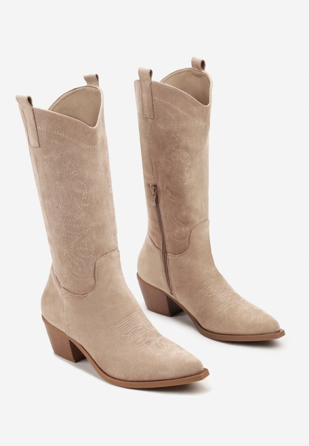 Ciemnobeżowe Botki Typu Kowbojki na Stożkowym Obcasie Naladia