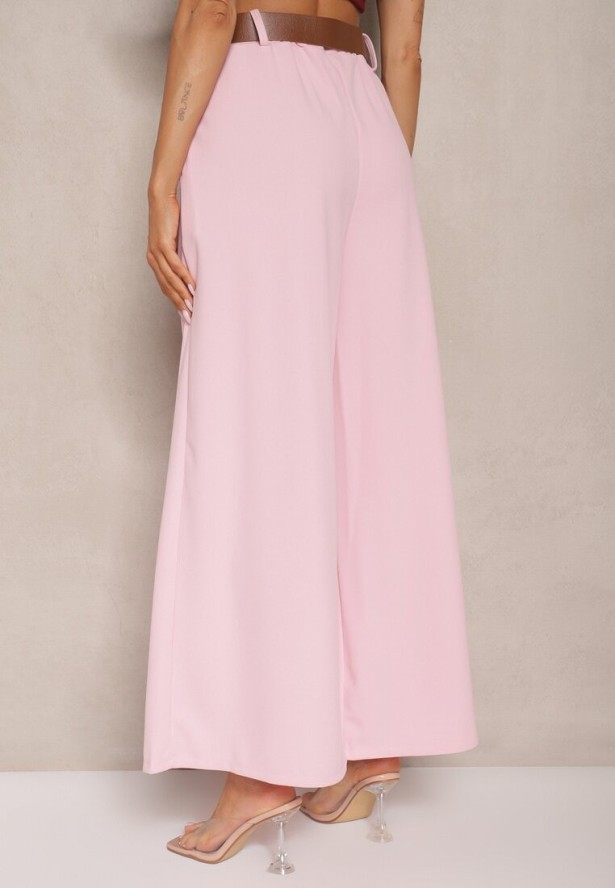 Różowe Spodnie o Szerokim Kroju High Waist Ozdobione Paskiem Rasalle