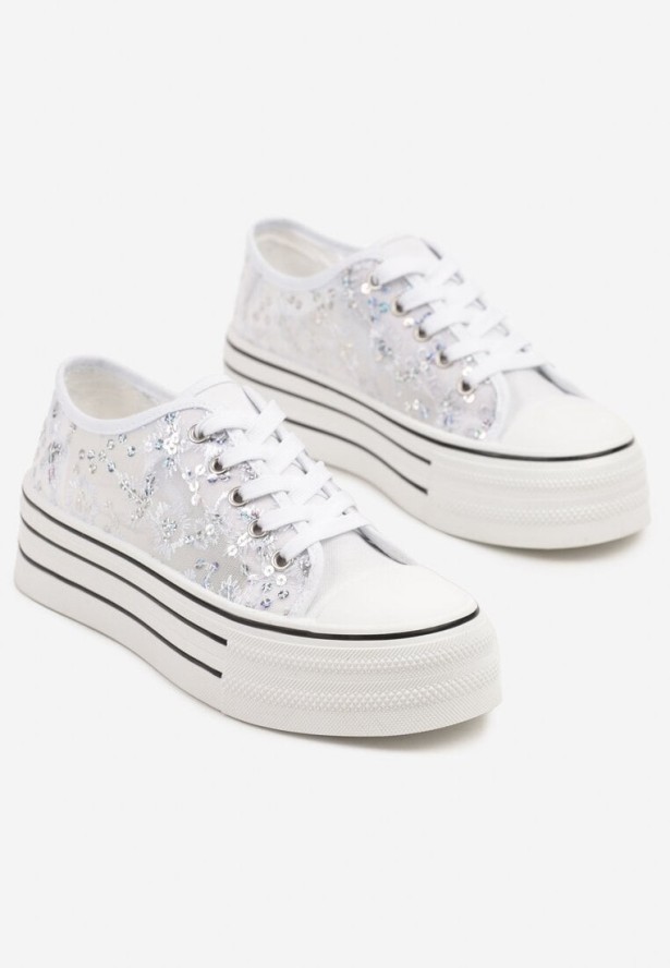 Białe Trampki Vices z Siateczki z Cekinami na Grubej Podeszwie Telanila