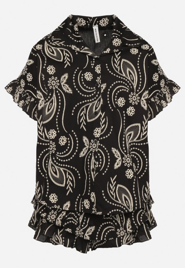 Czarny Bawełniany Komplet Koszula z Wiązaniem i Spódnico-Szorty z Nadrukiem Iffarina