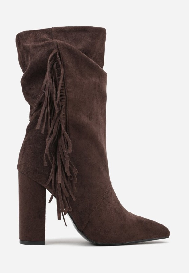 Brązowe Botki w Stylu Kowbojek na Obcasie Ozdobione Frędzlami Reitania