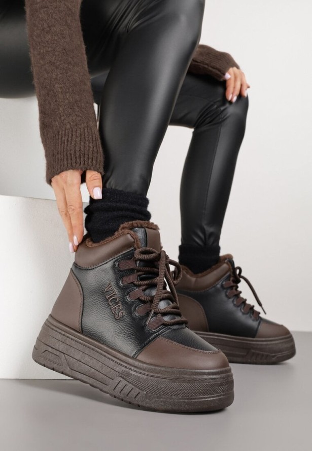 Czarno-Brązowe Sneakersy Śniegowce Vices na Grubej Podeszwie z Tłoczeniem Ozdobione Napisem Fettania