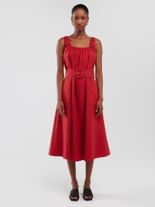 Sukienka damska midi na ramiączkach z paskiem ceglano-czerwona Ruena 704