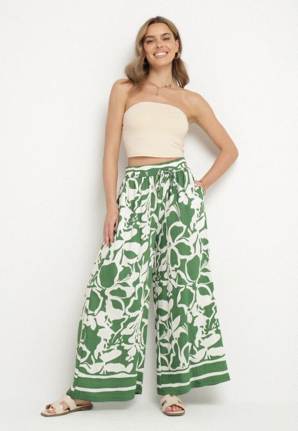 Zielone Szerokie Spodnie z Wysokim Stanem w Kwiatowy Wzór Tolirida