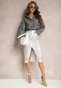 Srebrna Ołówkowa Spódnica Metaliczna Midi Serenita