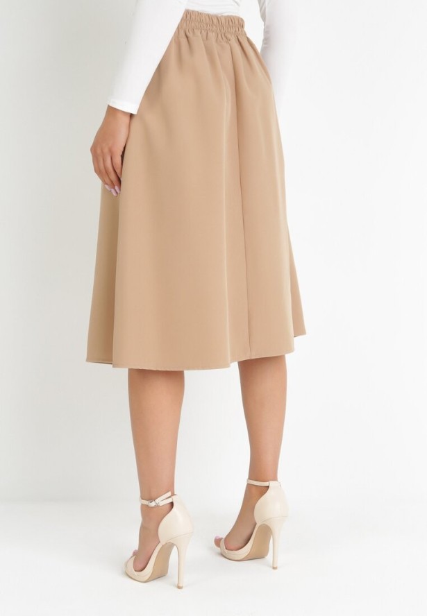 Beżowa Rozkloszowana Spódnica Midi z Gumką w Pasie Glorina