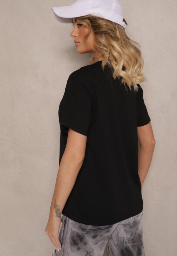 Czarna Bawełniana Bluzka T-shirt Oversize z Aplikacją w Kształcie Motyli Elmaris