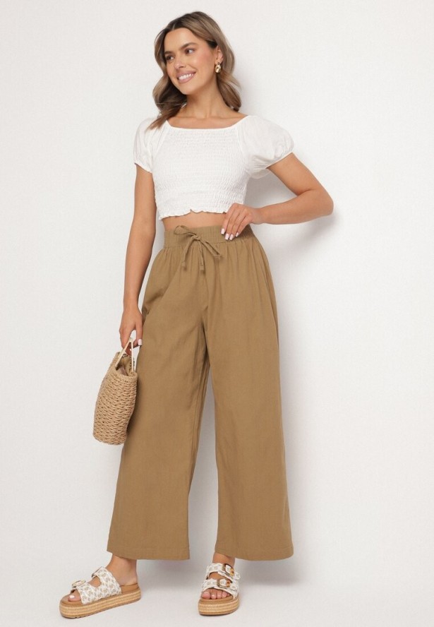 Jasnobrązowe Spodnie Bawełniane Szerokie z Gumką i Wiązaniem w Pasie Faliova