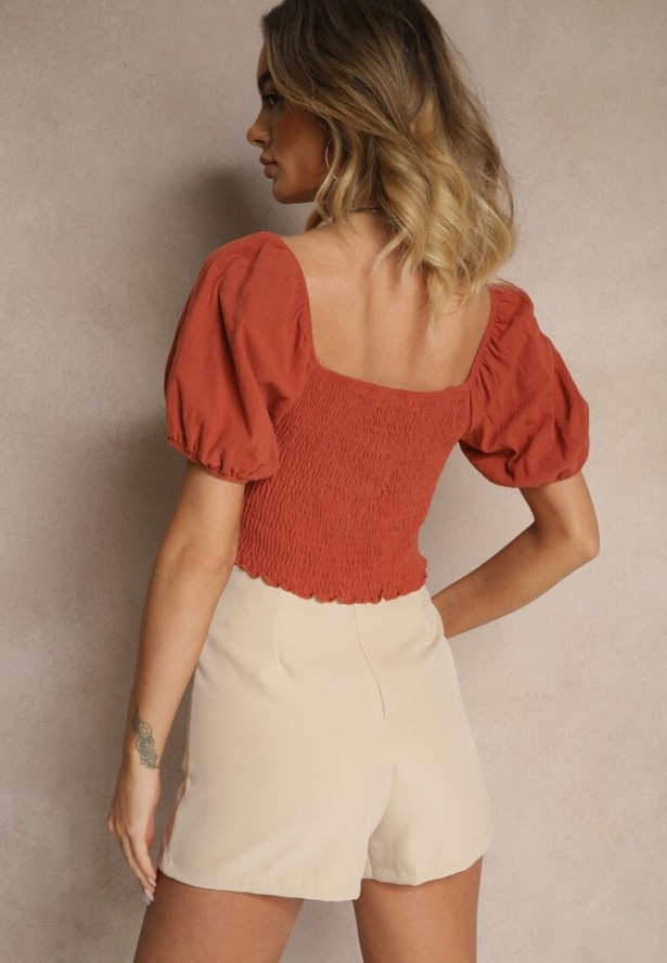 Pomarańczowa Bluzka z Bawełny z Bufiastymi Rękawami i Marszczeniem Tefellea