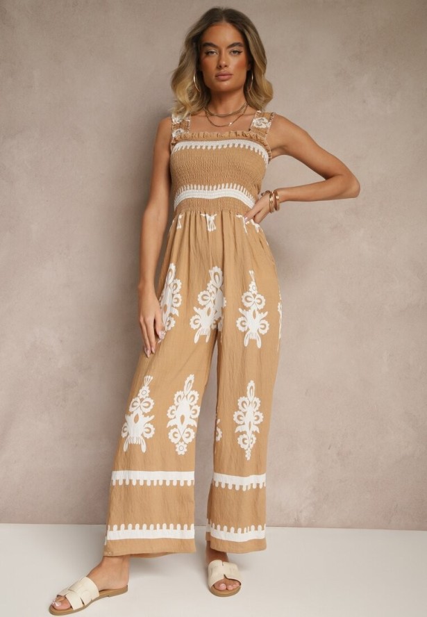 Brązowy Kombinezon Wide Leg z Wiskozy na Ramiączkach Zdobiony Etnicznym Wzorem Melriti