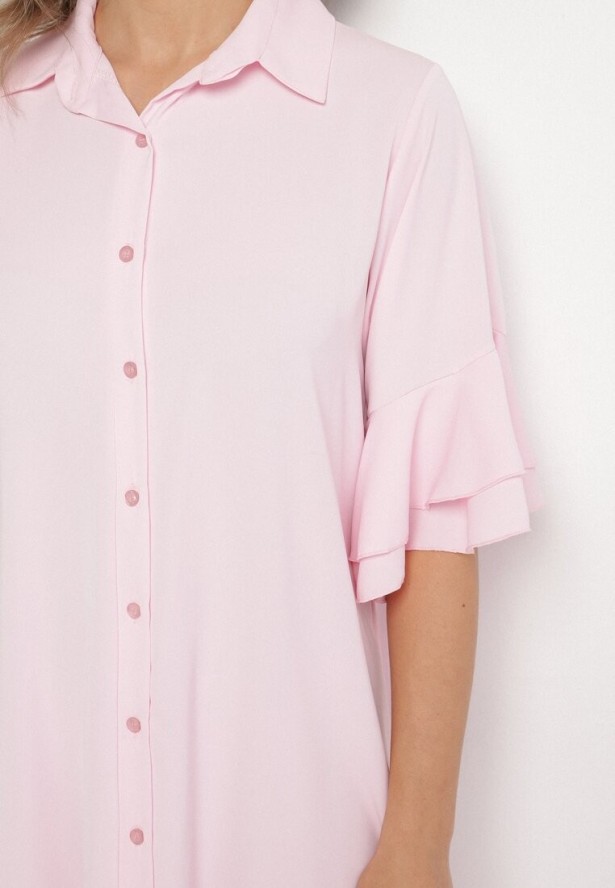 Różowa Sukienka Koszulowa z Ozdobną Falbanką Daviravie