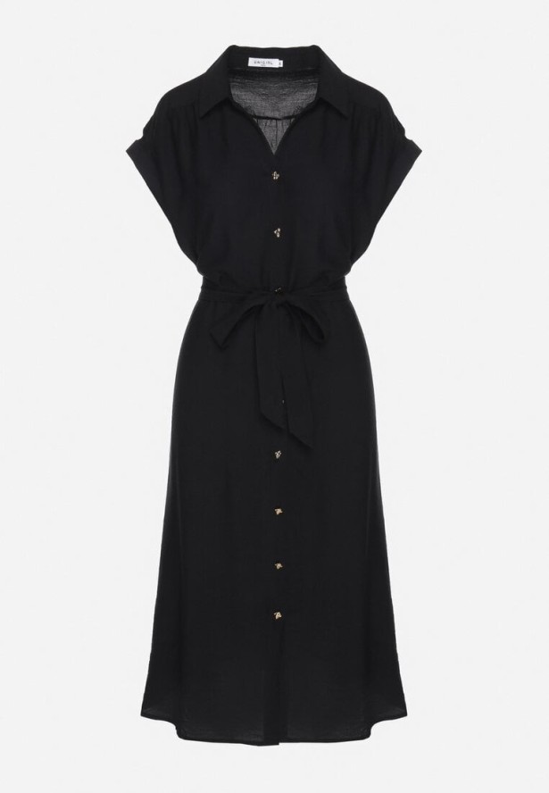 Czarna Wiskozowa Sukienka Koszulowa z Paskiem Rinaruna