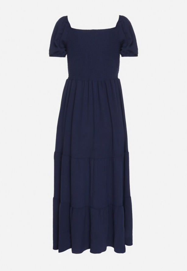 Granatowa Rozkloszowana Sukienka z Dekoltem Typu Hiszpanka z Marszczeniem Lumorice