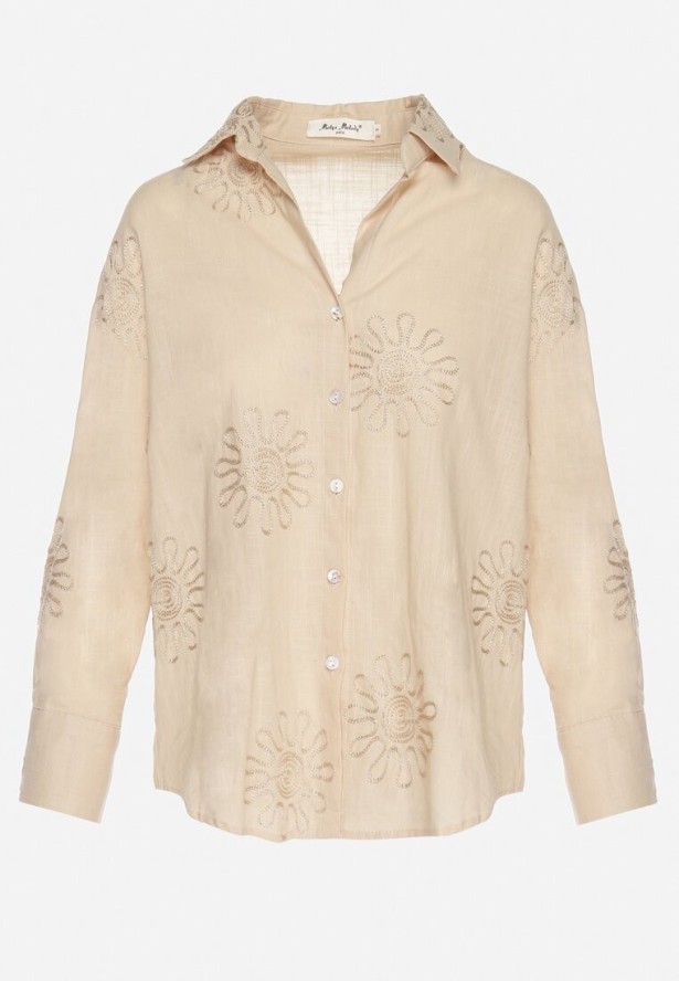 Beżowa Bawełniana Koszula z Lnem Zdobiona Haftem Terkio