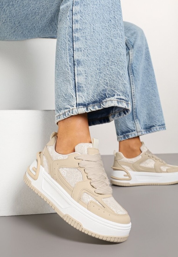 Beżowe Sneakersy z Brokatowymi Zdobieniami na Platformie Deovirae