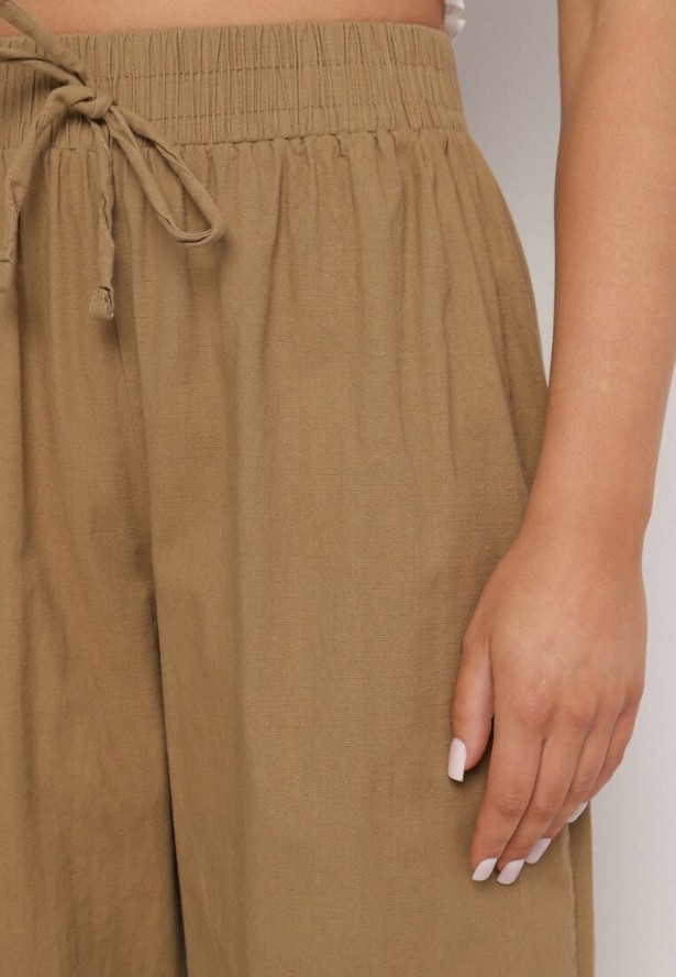 Jasnobrązowe Spodnie Bawełniane Szerokie z Gumką i Wiązaniem w Pasie Faliova