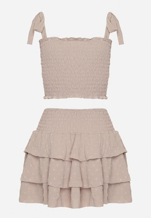 Beżowy Komplet Elastyczny Top z Wiązanymi Ramiączkami i Rozkloszowana Spódnica Evialia