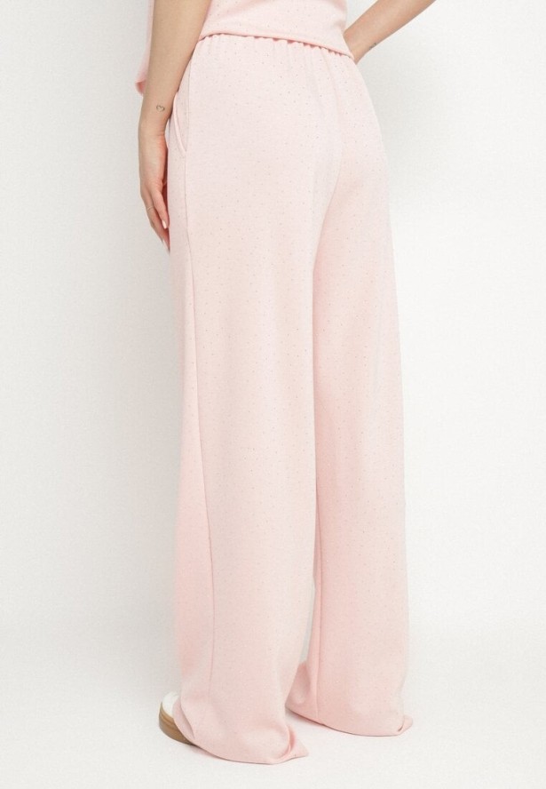 Różowe Szerokie Spodnie z Wiskozą Zdobione Cyrkoniami Zeonaria