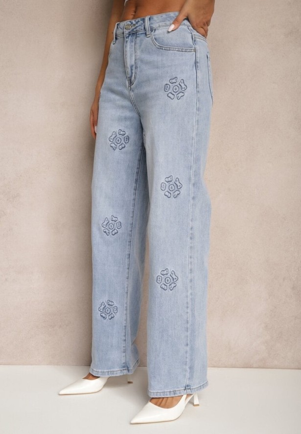 Niebieskie Szerokie Jeansy High Waist Zdobione Wzorem w Kwiaty Firedis