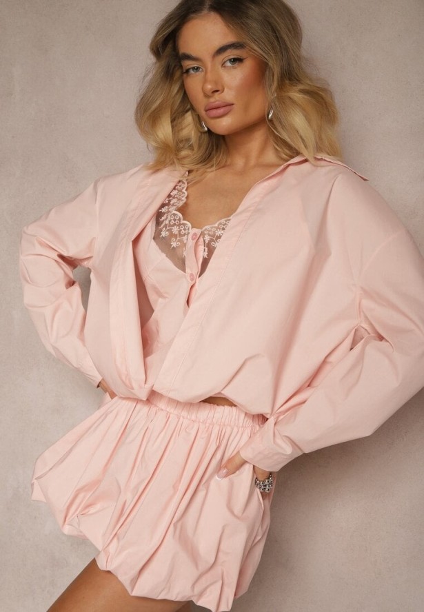 Różowa 2w1 Koszula z Bawełny i Top na Ramiączkach z Koronką Telowena